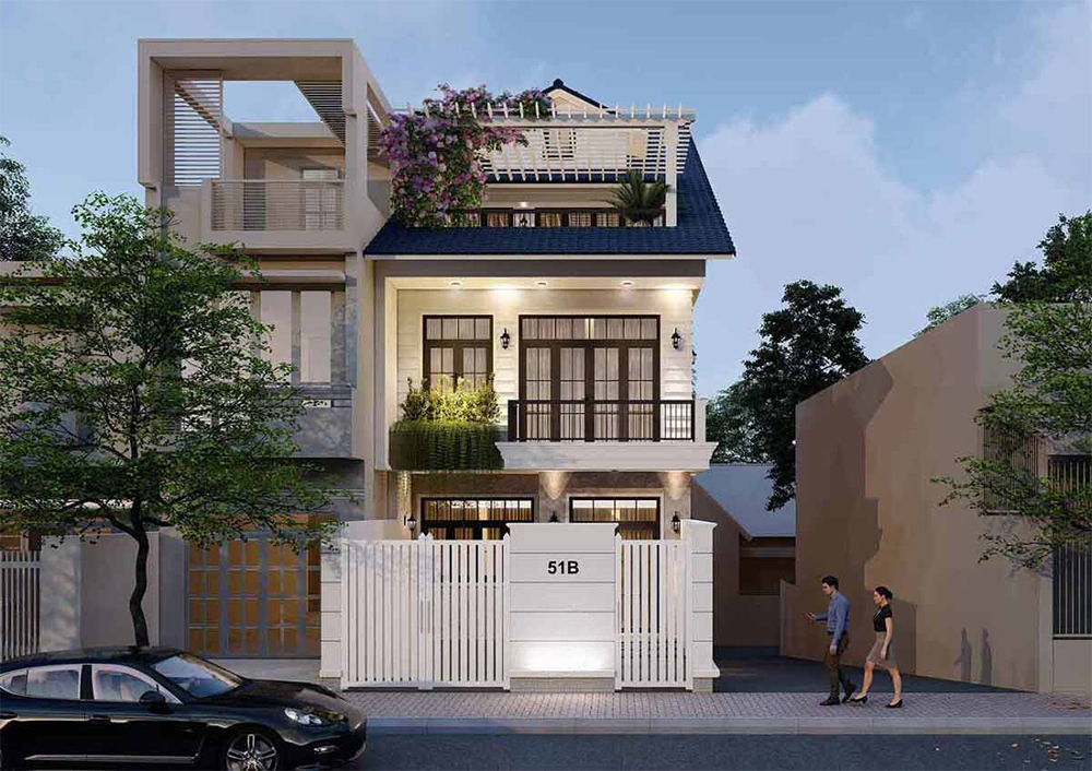 Mặt tiền tầng hầm của ngôi nhà được thiết kế với hình dạng khối hộp