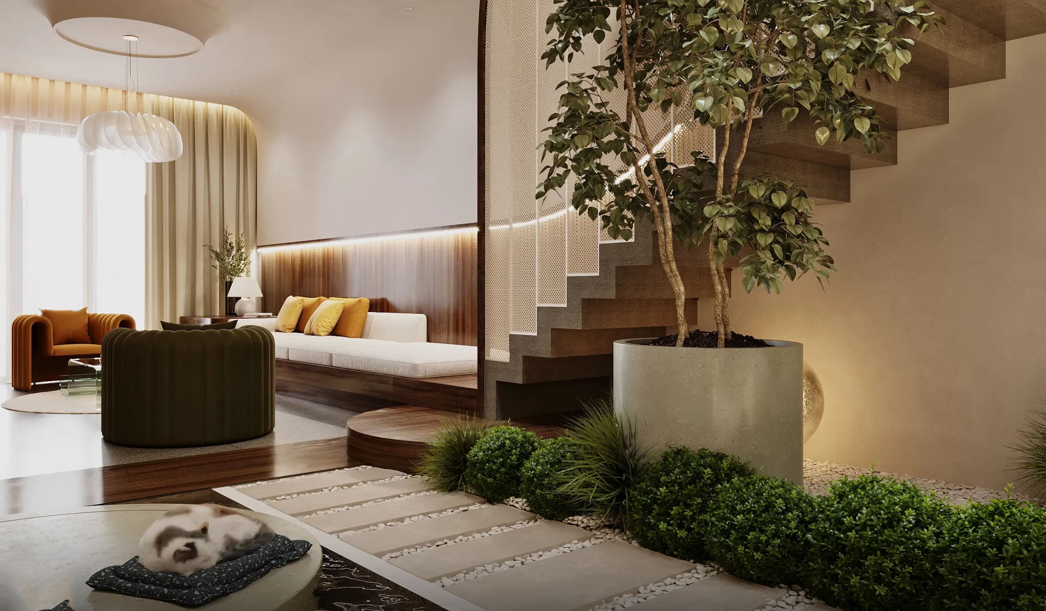 Toàn bộ thiết kế nhà ống Tulip House được bao phủ bởi gam màu vàng và xanh lá