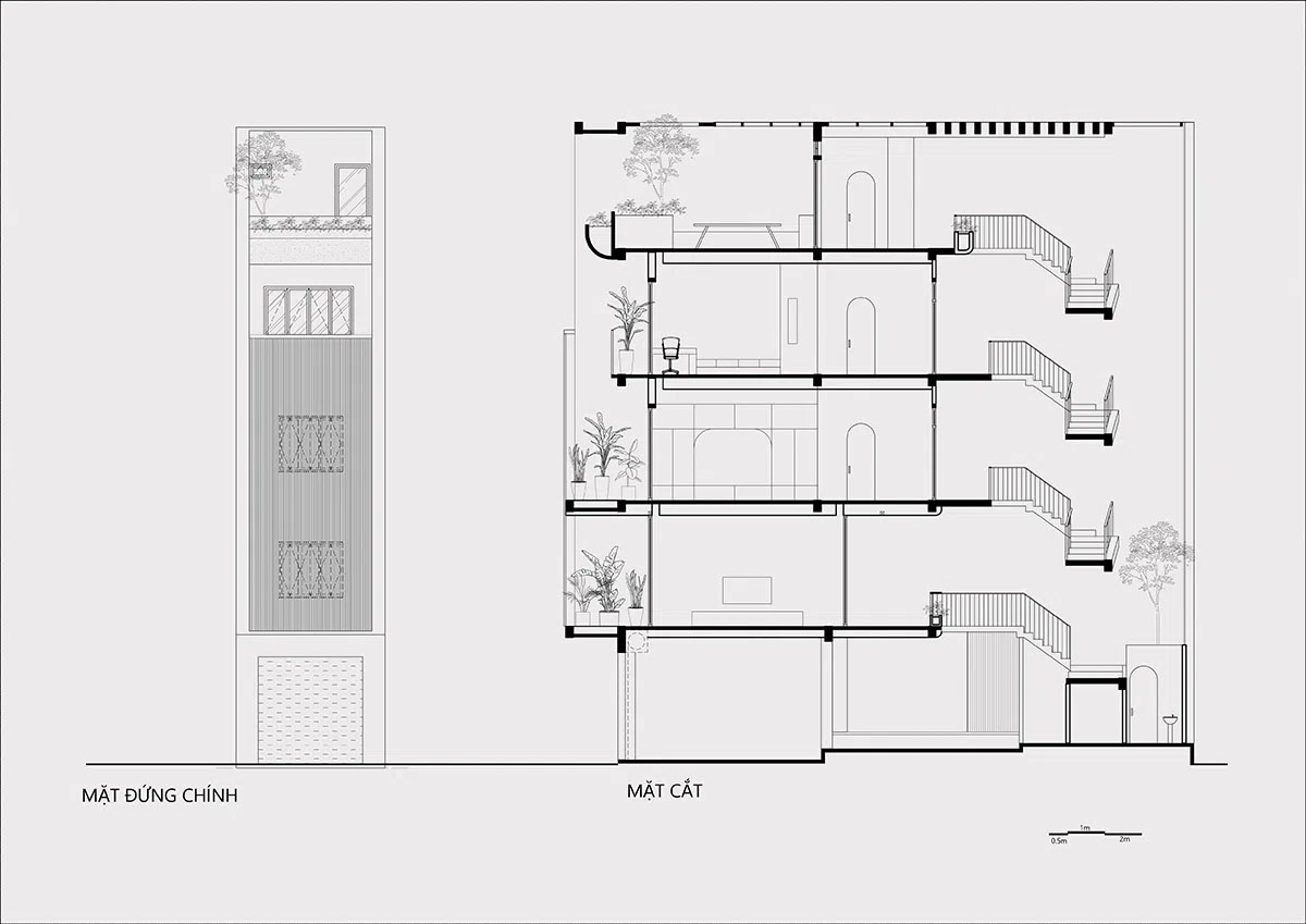 Bản vẽ 2D thể hiện thiết kế đảm nhận thi công xây dựng nhà phố trọn gói