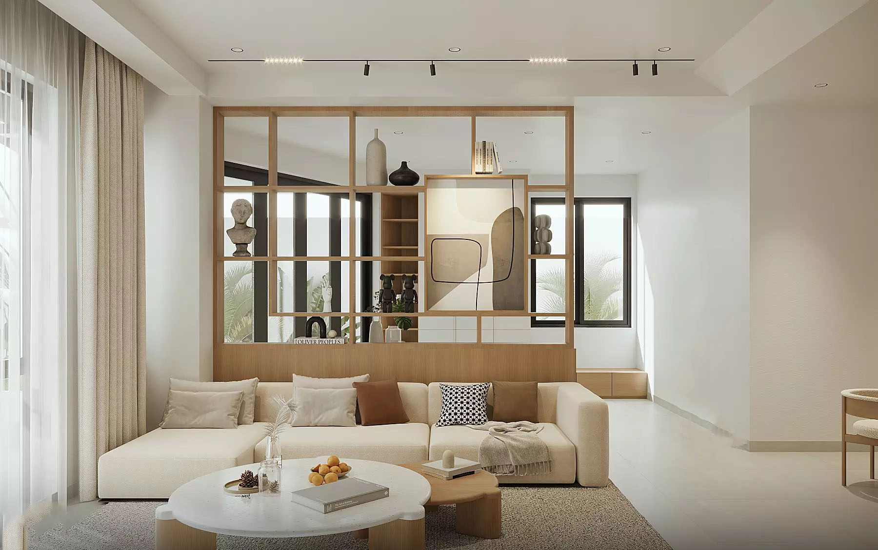 Thảm trải sàn màu xám được đặt ở vị trí chiến lược, tạo điểm nhấn cho không gian