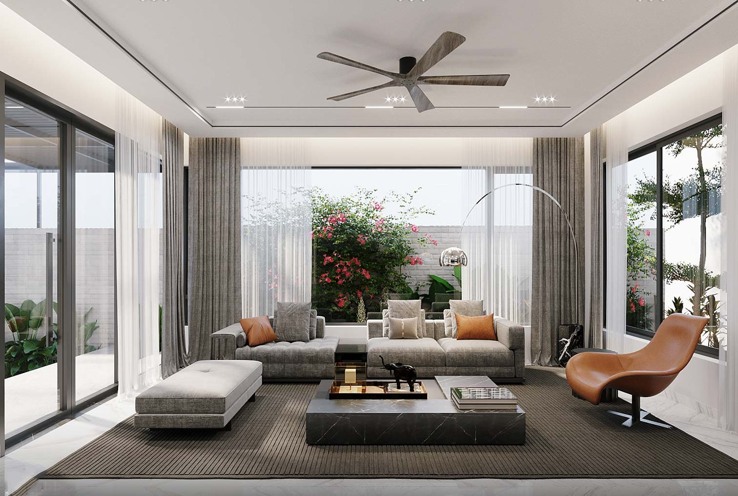 Cây cỏ được bố trí khéo léo ở các khu vườn nhỏ và sân vườn bao quanh phòng khách