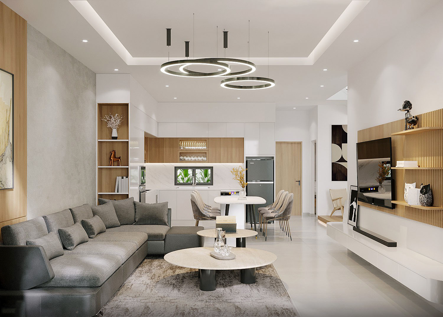 Bộ sofa màu ghi được chọn lựa kỹ lưỡng để phối hợp hài hòa với không gian phòng khách hiện đại