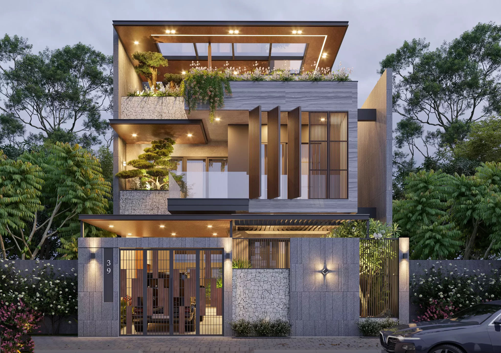 Mặt tiền của P's House gây ấn tượng mạnh mẽ với người nhìn bởi sự hiện đại và đầy uy lực