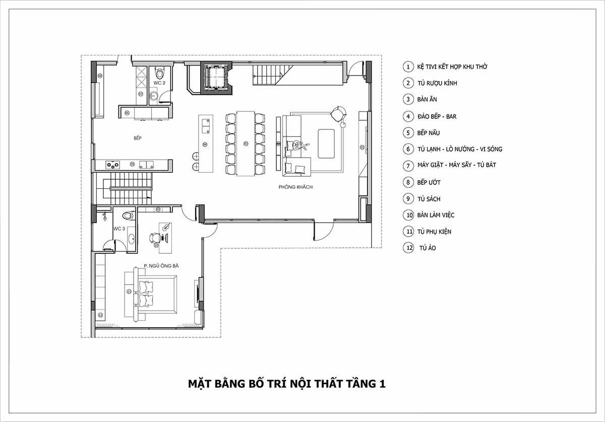 Tầng trệt của biệt thự là không gian mở, nơi phòng khách, phòng bếp và khu vực ăn uống được bố trí liên thông