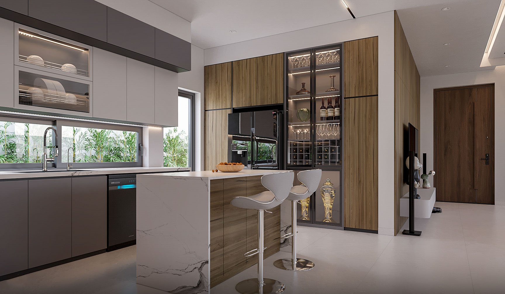 Điểm nhấn của phòng bếp là quầy bar bếp được làm bằng đá hoa cương màu trắng
