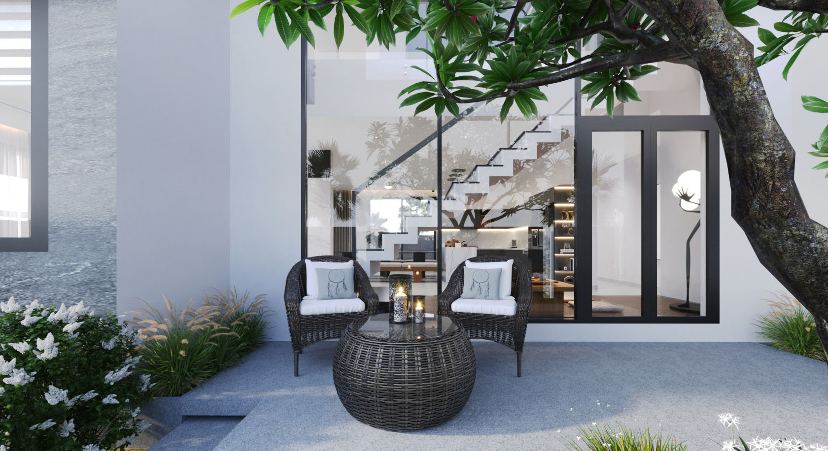 Khu vực sân vườn của Hang's Villa được thiết kế theo phong cách hiện đại