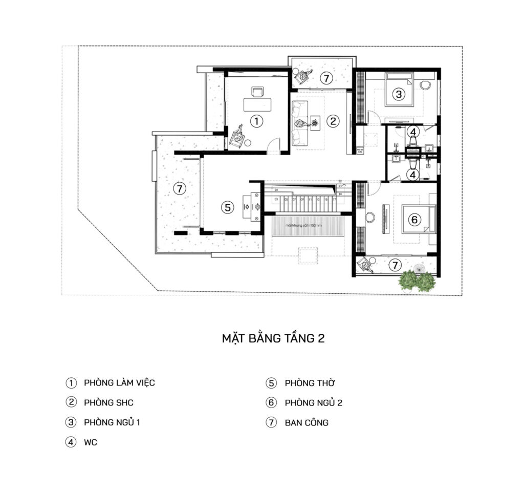 Tầng 2 của căn biệt thự này được thiết kế với sự chú trọng đến sự tiện nghi và kết nối giữa các không gian
