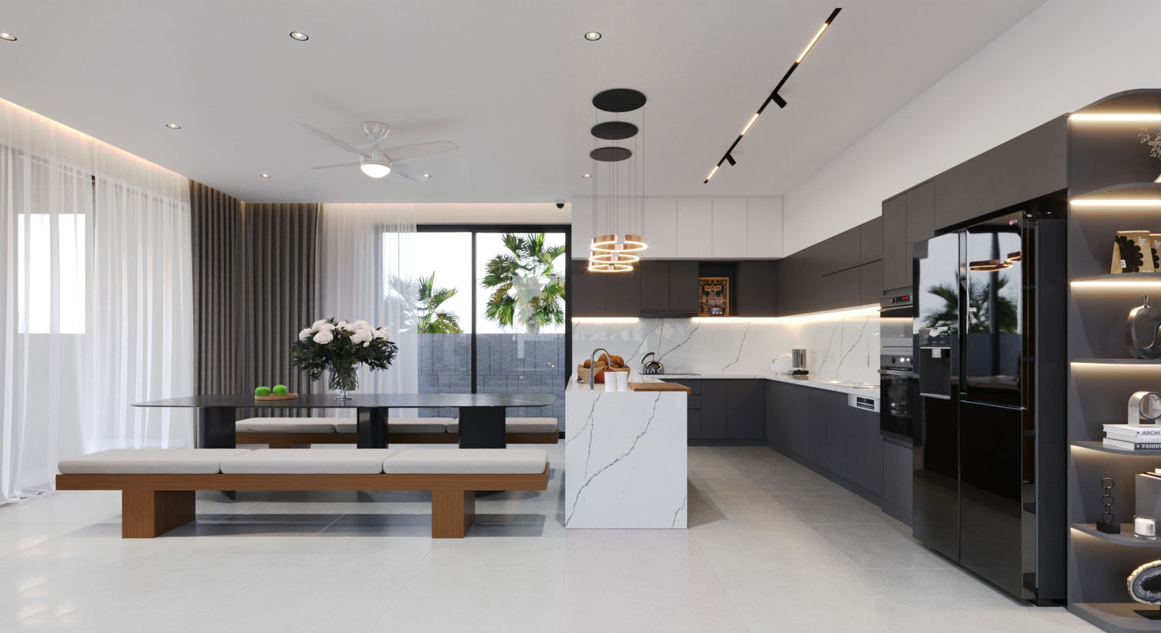 Phòng bếp của Hang's Villa được thiết kế với không gian mở