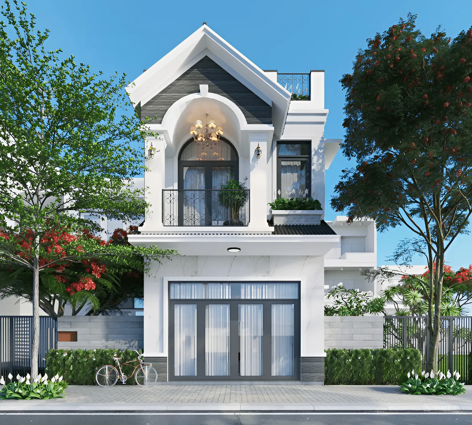 Sự pha trộn giữa phong cách cổ điển và hiện đại trong thiết kế mẫu mặt tiền nhà ống 2 tầng hiện đại mang lại vẻ đẹp độc đáo và tinh tế