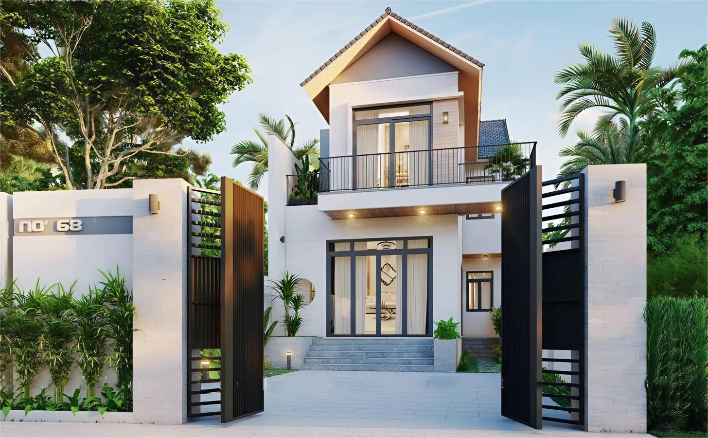 Một xu hướng thiết kế mẫu mặt tiền nhà ống 2 tầng hiện đại khác là sự pha trộn giữa các phong cách kiến trúc