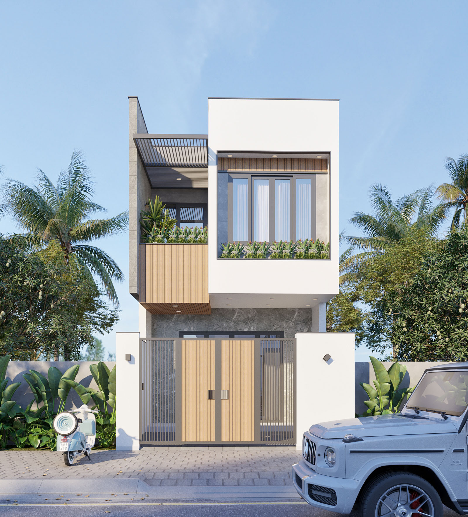 Thiết kế mặt tiền của mẫu nhà ống 2 tầng đơn giản đẹp nhưng tinh tế, với việc sử dụng các vật liệu hiện đại như kính, thép và bê tông.