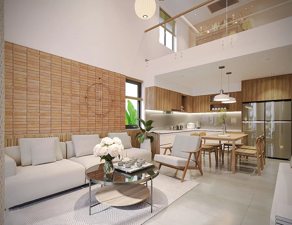 Phòng khách có những chi tiết nhỏ nhưng đắt giá như nét bo góc nhẹ nhàng của bộ sofa và hệ đèn chùm tối giản
