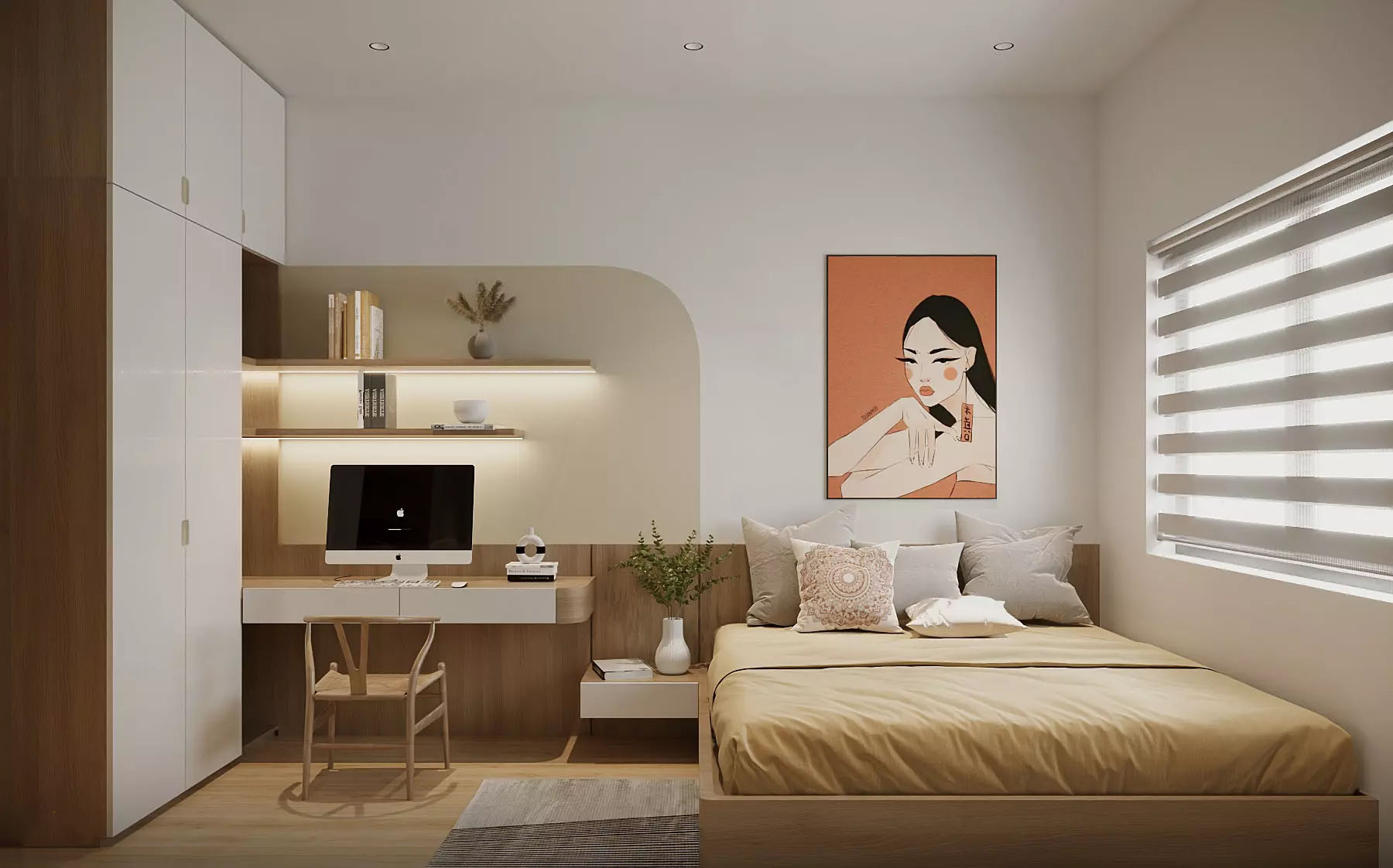 Màu sắc và vật liệu được sử dụng trong phòng ngủ cũng được chọn lựa một cách tinh tế