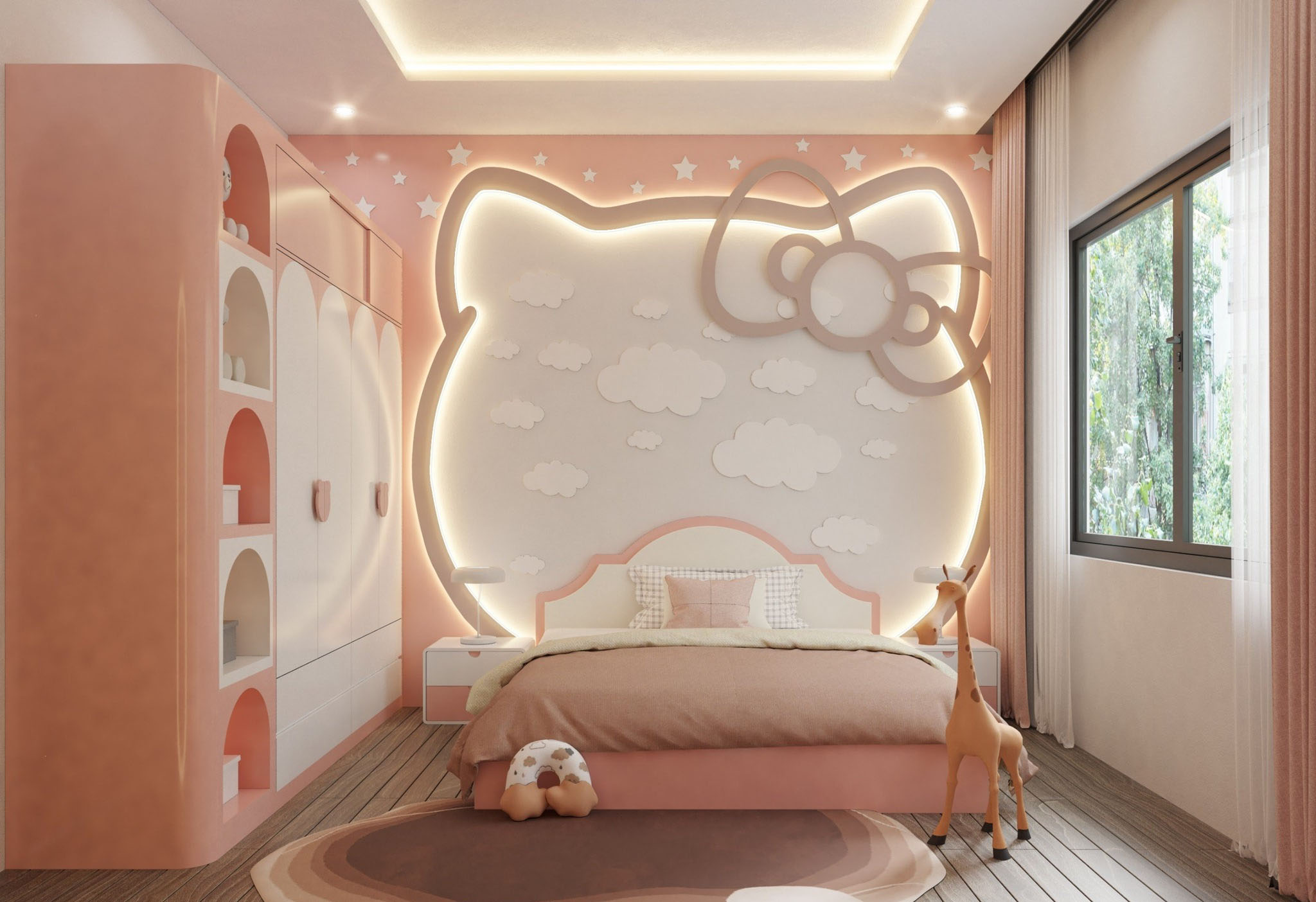 Không gian trong phòng trẻ em được thiết kế theo chủ đề Hello Kitty, mang lại cảm giác dễ thương và vui tươi.