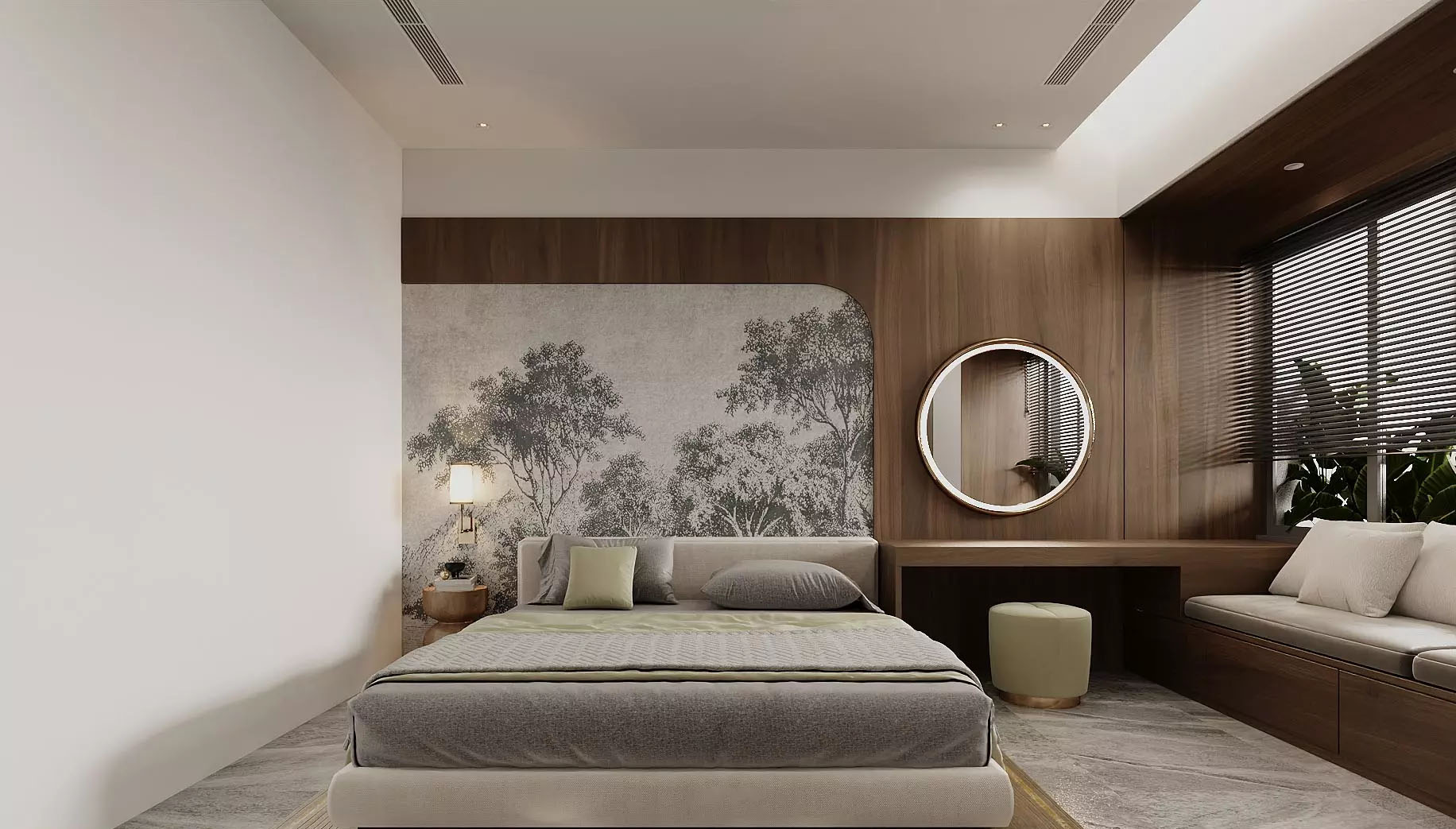 Phòng ngủ master tại tầng một được thiết kế rộng rãi, với cửa lớn mở ra khu vườn bên ngoài