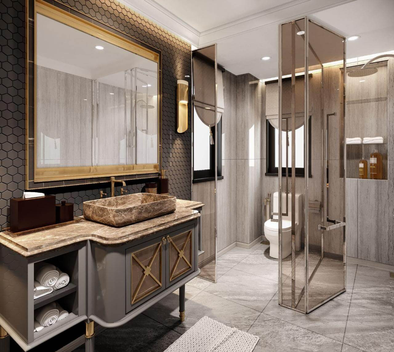 Phong cách Rustic đem đến vẻ đẹp mộc mạc và ấm cúng cho nhà vệ sinh nhờ vào việc sử dụng gỗ tự nhiên và gạch thô.