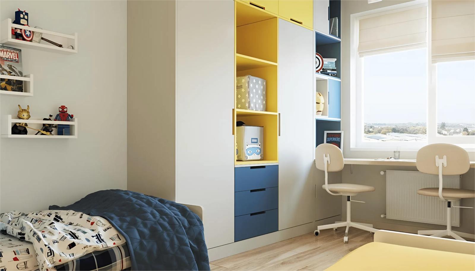 Thiết kế phòng ngủ trẻ em được chia thành hai khu vực riêng biệt nhưng liền kề, với giường ngủ, kệ sách và góc học tập riêng cho mỗi bé