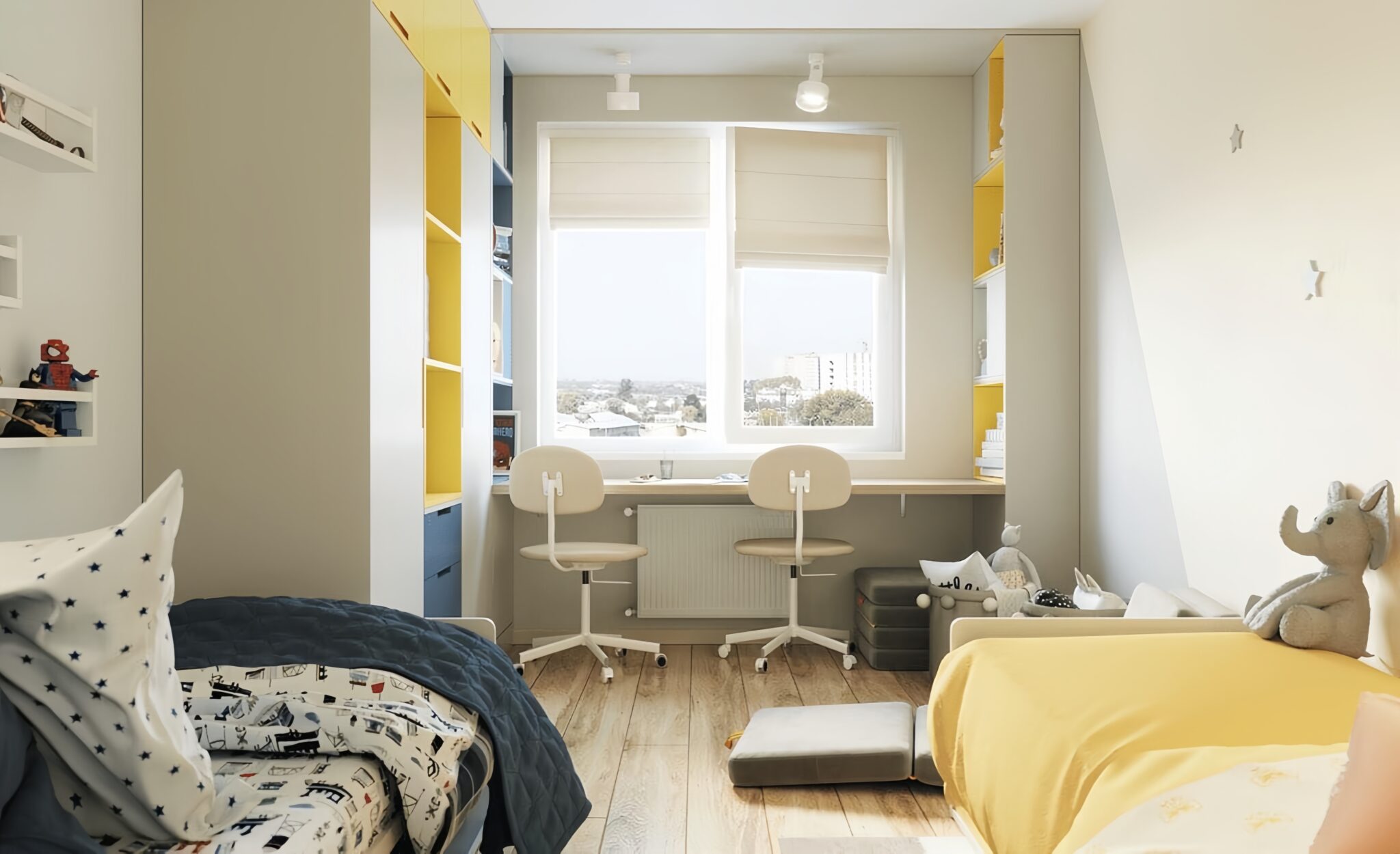 Thiết kế phòng ngủ cho bé còn được trang bị các tiện ích như giường thông minh với các ngăn tủ kéo dưới gầm