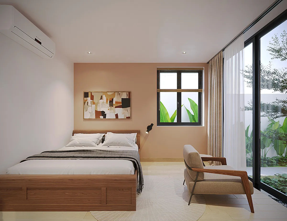 Phòng ngủ trong ngôi nhà gác lửng hiện đại này được thiết kế với tinh thần tối giản