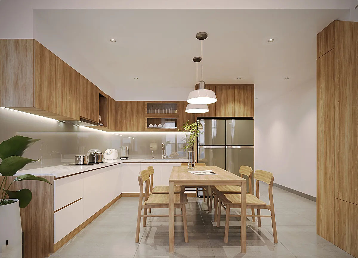 Tầng trệt của nhà gác lửng hiện đại được thiết kế theo tinh thần hiện đại và tối giản