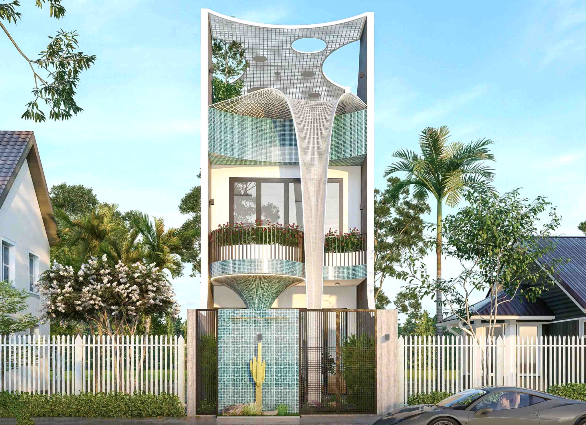 Mặt tiền của nhà ống 3 tầng được thiết kế với hình ảnh thác nước uyển chuyển