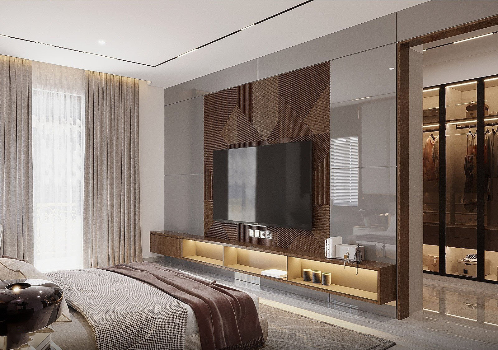 Các kệ mở với chất liệu gỗ sơn mài mang đậm dấu ấn Tân cổ điển